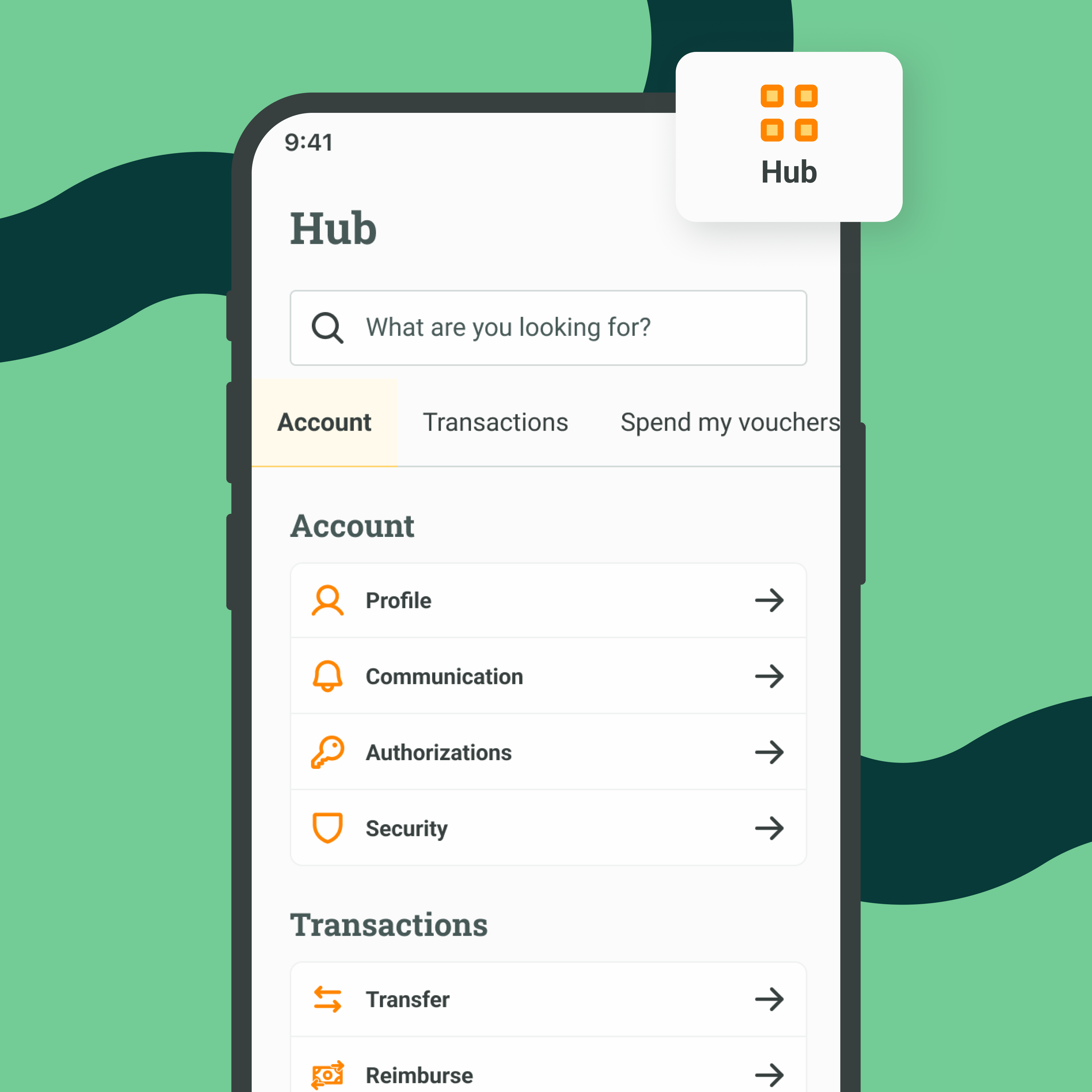 Hub screen in the Monizze app