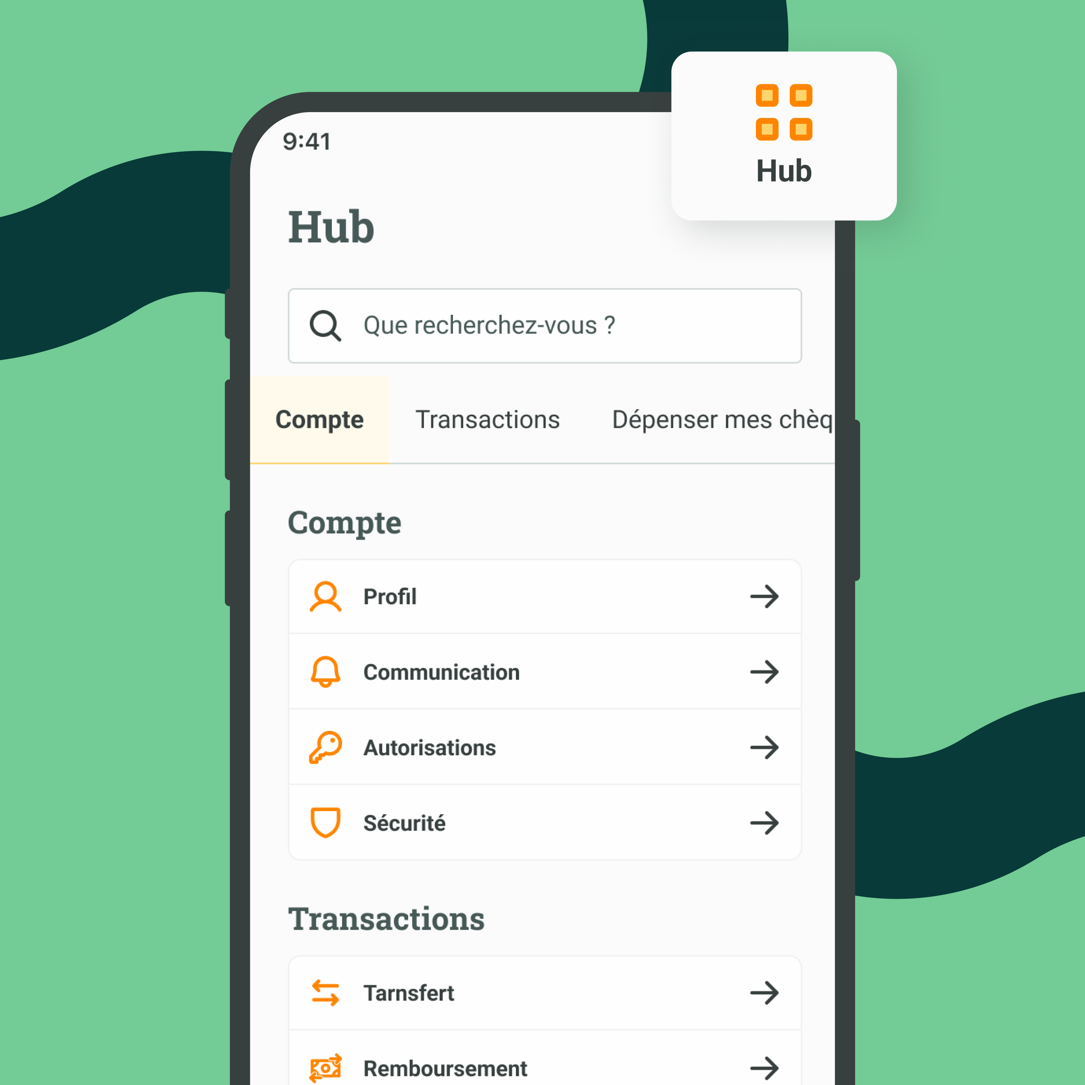 Écran Hub de l'app Monizze