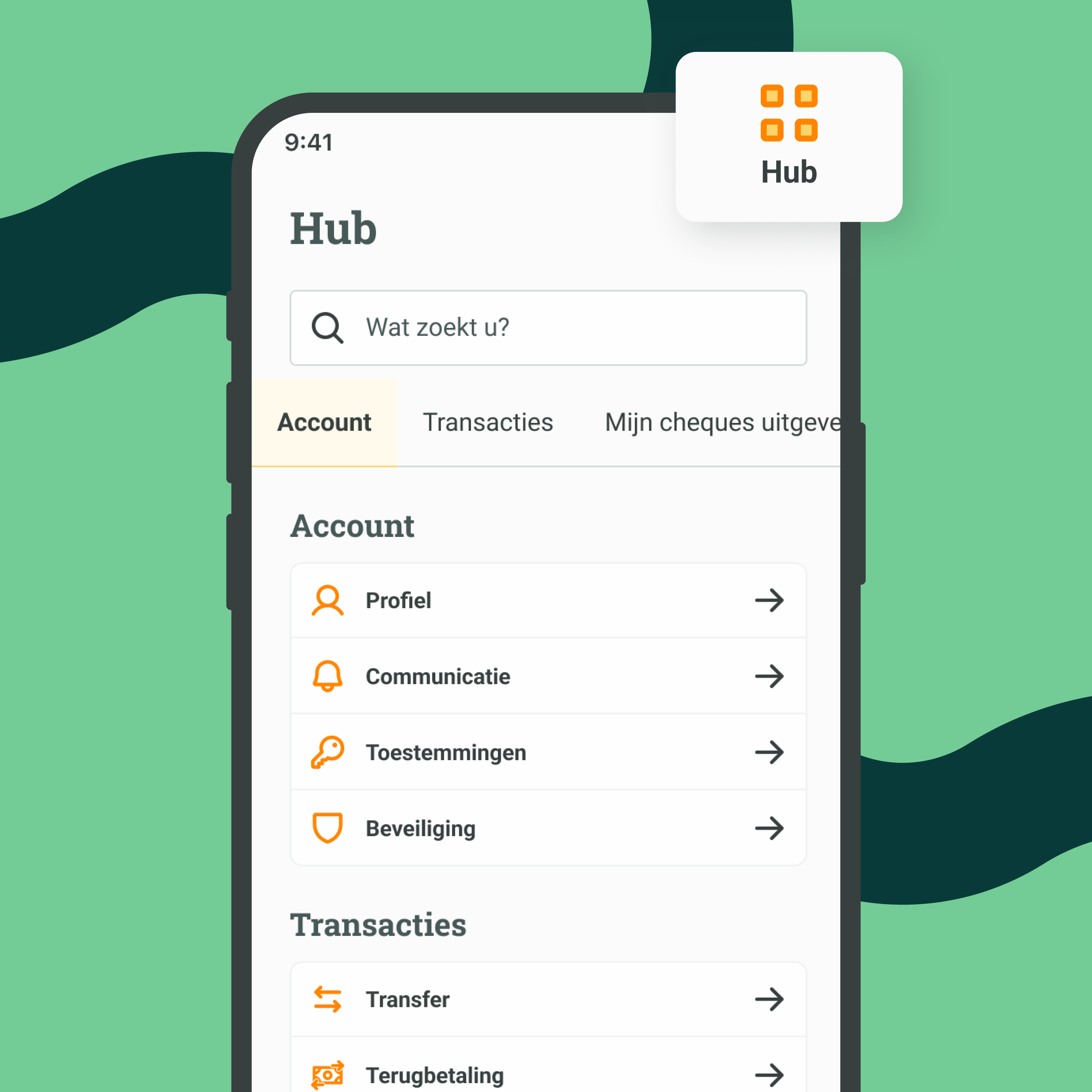 Hub-scherm van de Monizze-app