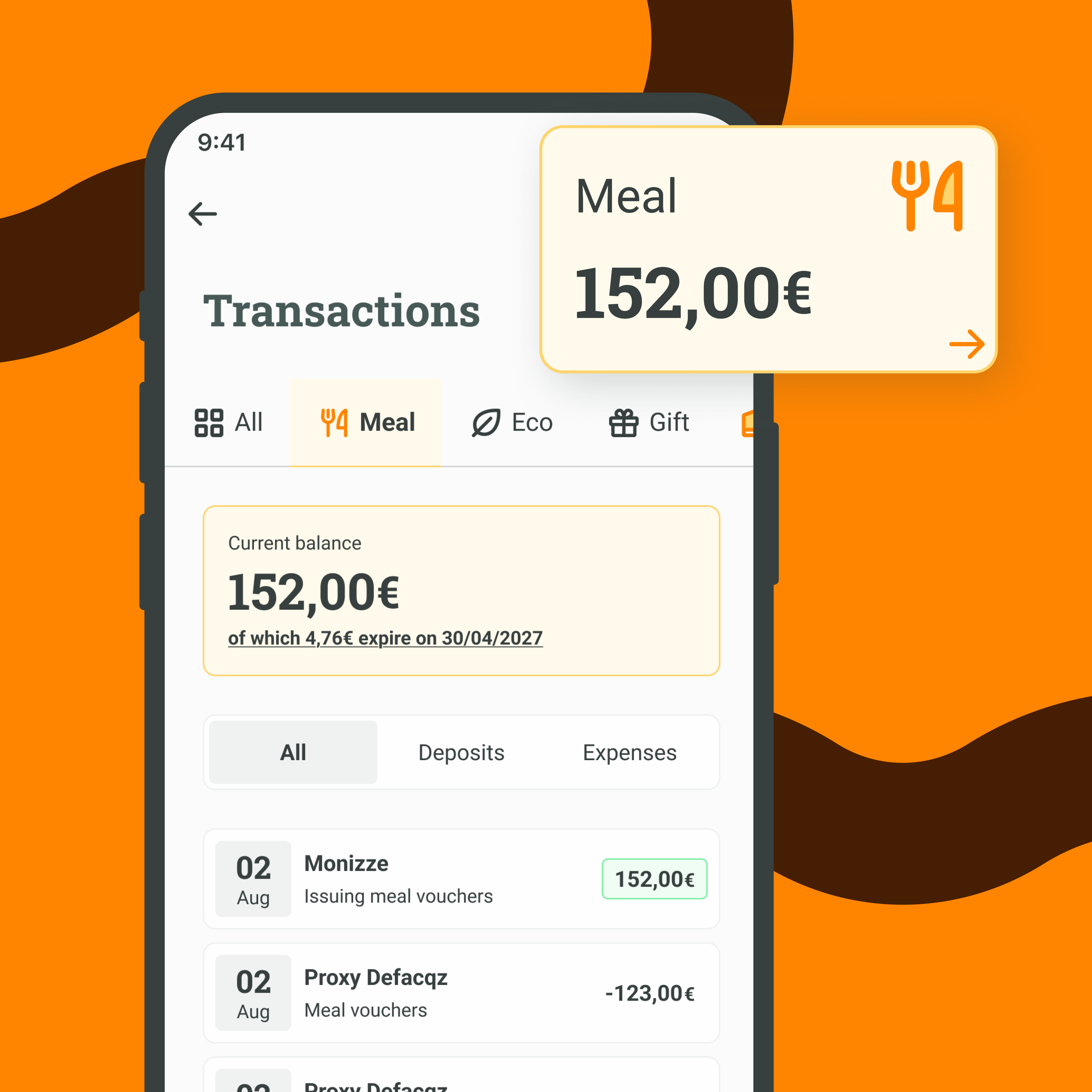 Transactions screen in the Monizze app