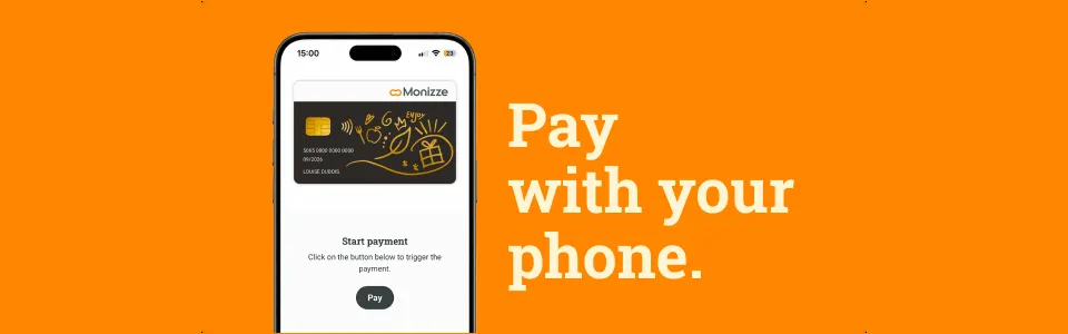 The Monizze app on the payment screen, with the line « Pay with your phone »