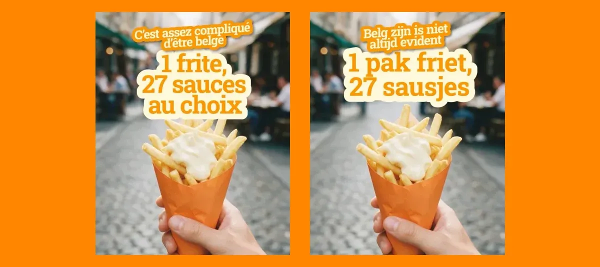 Les deux affiches de campagne côte à côte, en français et en néerlandais : une main tient un cornet de frites à la mayonnaise, avec le message « C'est assez compliqué d'être belge — 1 frite, 27 sauces au choix »